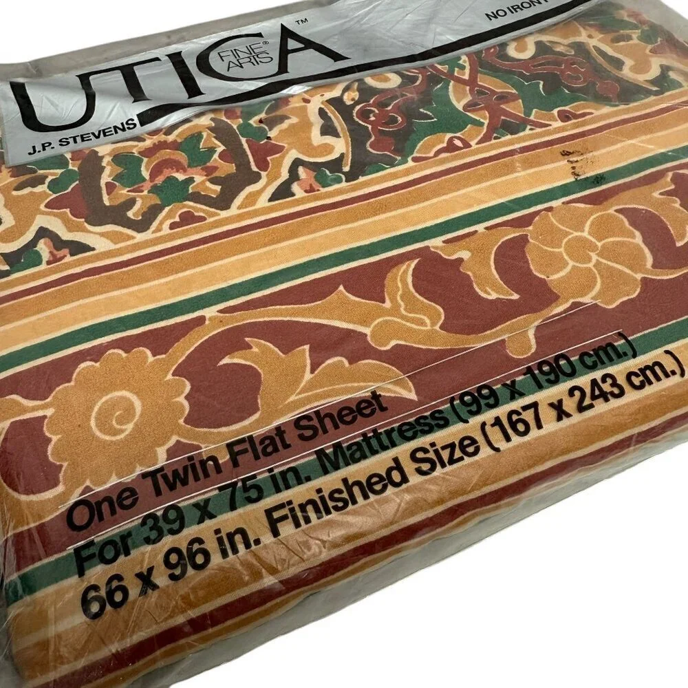 UTICA Cacharel Twin Flat Sheet New Vintage 1970s Brown Shawl Pattern Percale